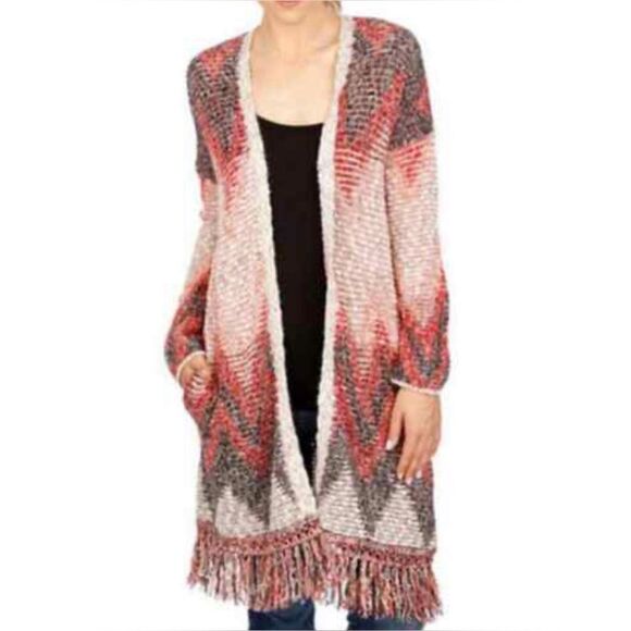 Lucky Brand Chevron Knit Southwestern Knit Fringe Duster Open Front Sweater L - Picture 1 of 13